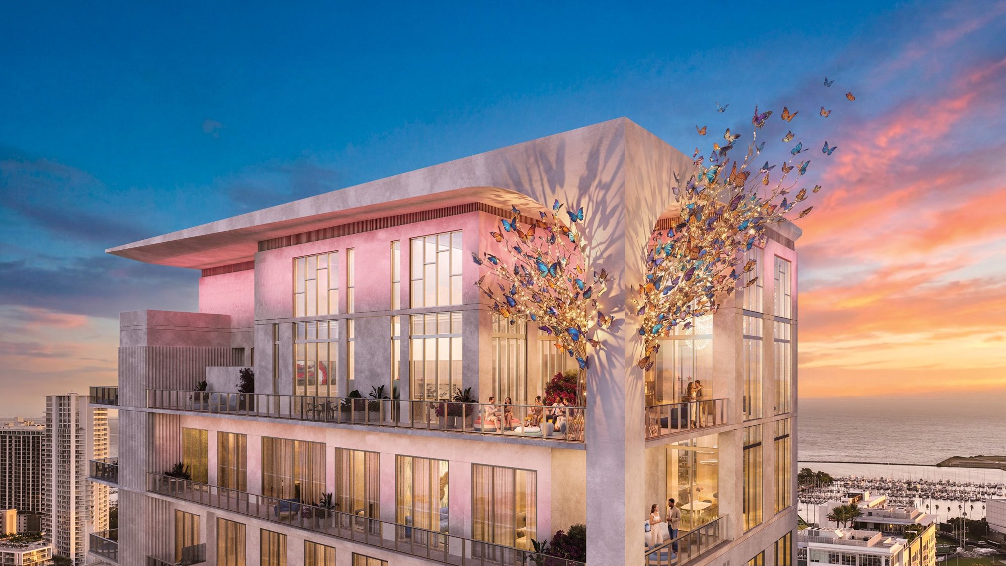 A terrace at Roche Bobois St Pete Tower at sunset
